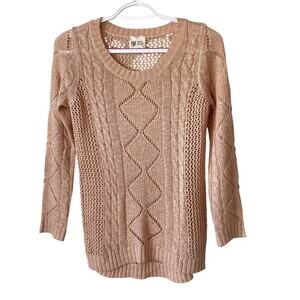 Crochet Cable Sweater Knit Long Sleeve Top by Pink Rose in Light Peach Size M